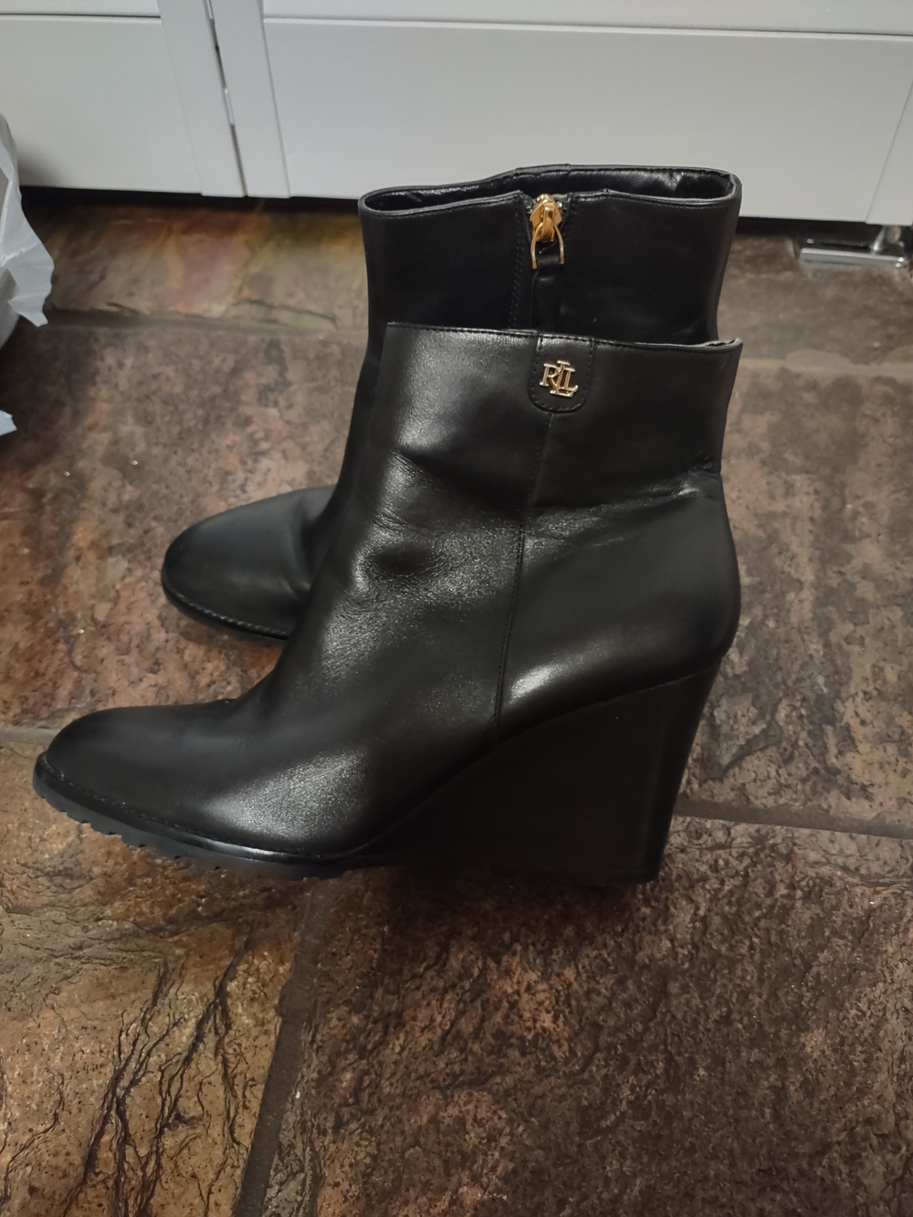 Ralph Lauren Black Leather Wedge Booties with Gold RL Emblem